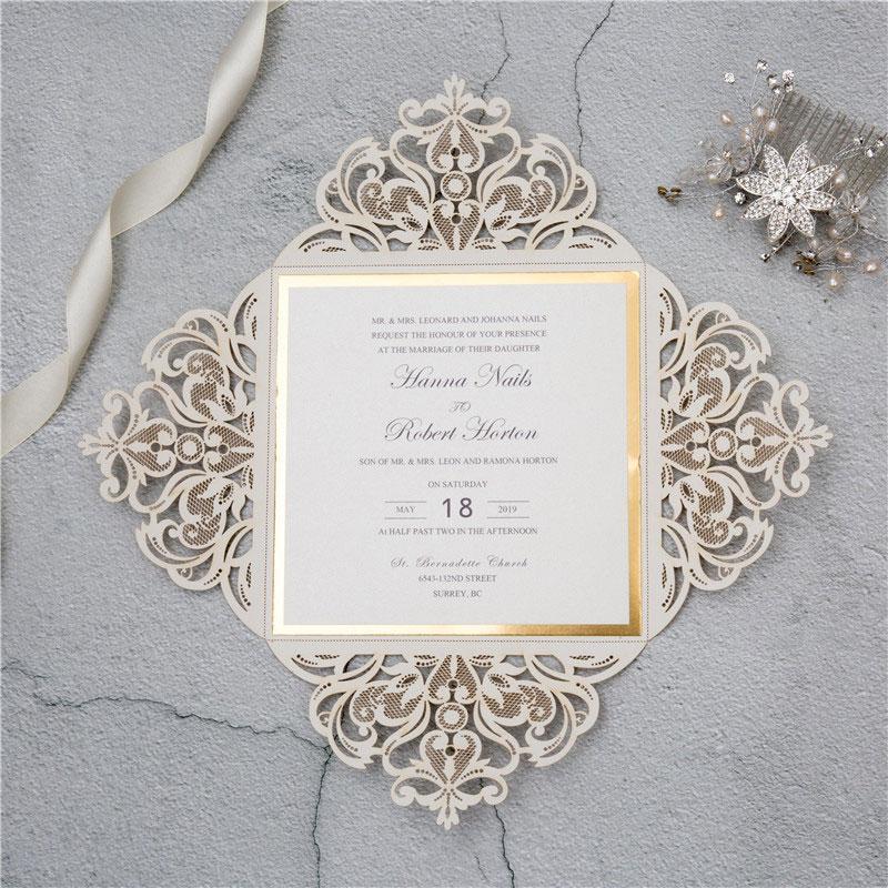 gate fold gold glitter laser cut wedding invitation