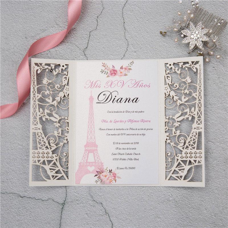 eiffel tower black glitter laser cut invitation