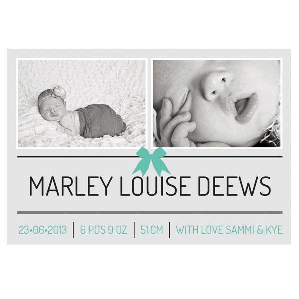 baby girl announcement card with teal bow