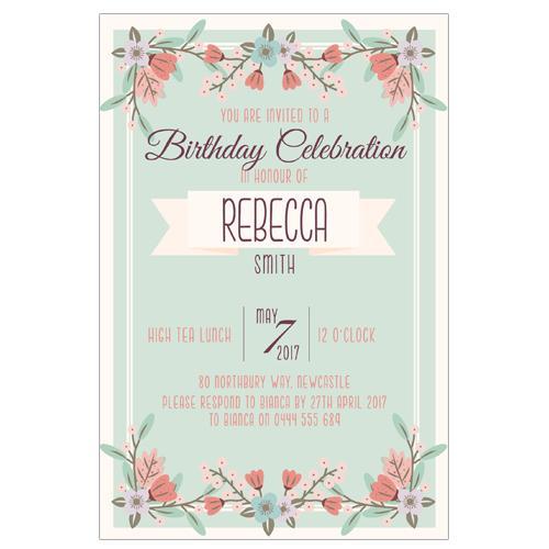 minted coloured birthday invitation with flowers