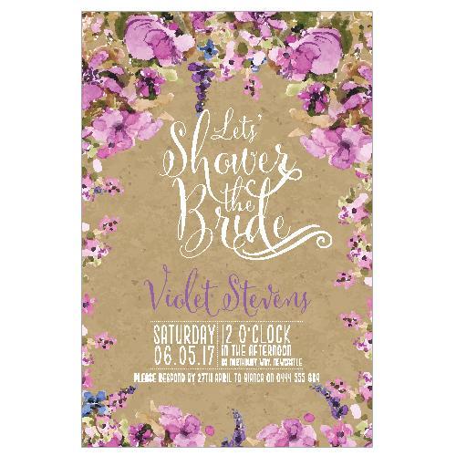 watercolour purple flower bridal shower invitation