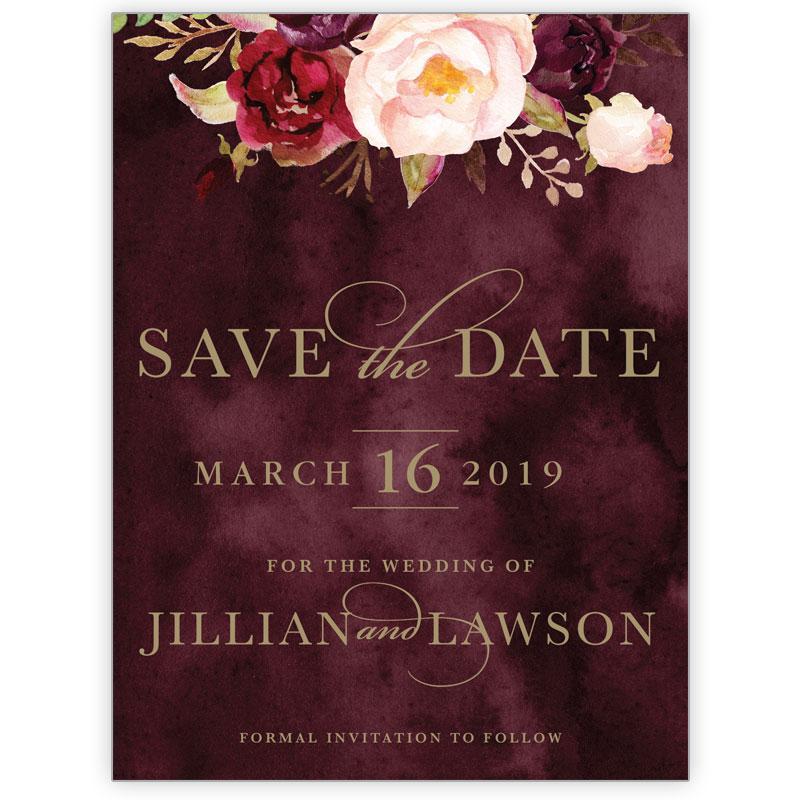 Marsala and gold coloured water colour flower bouquet save the date card