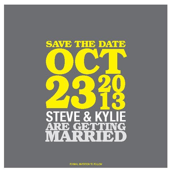 Yellow and grey save the date card design with bold font