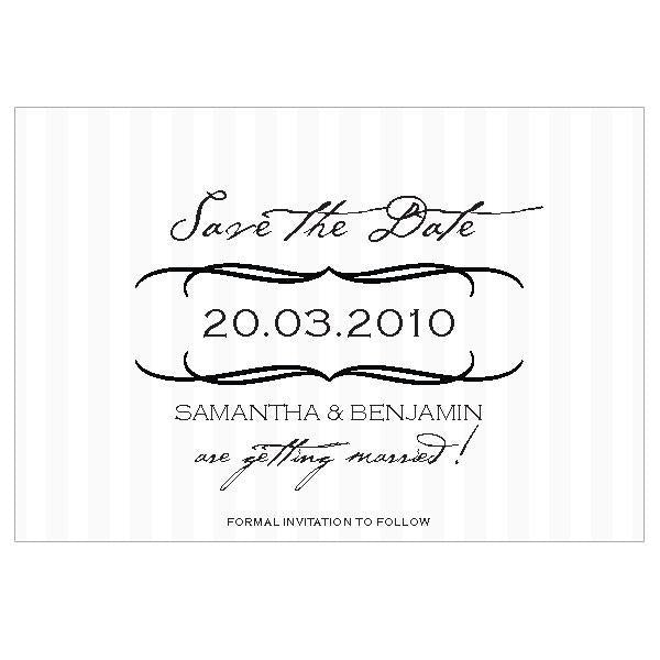 Black and white save the date card design with stripes.