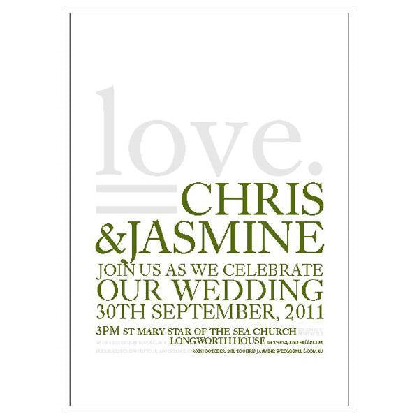 Simple wedding invitation design featuring the word 'love'.