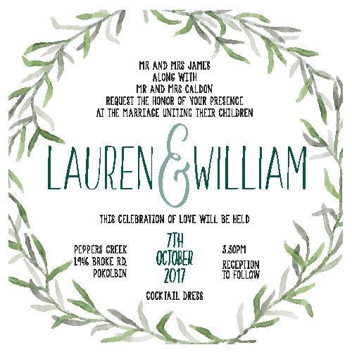 Watercolour green leaf wreath Wedding invitation