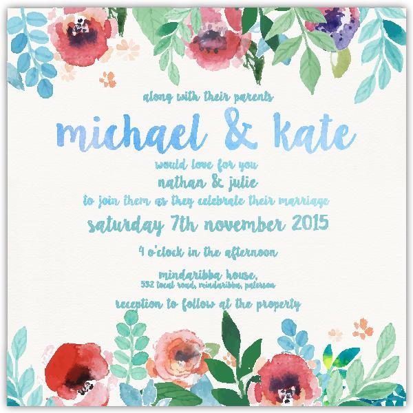 Watercolour wedding invitation design featuring flowers.