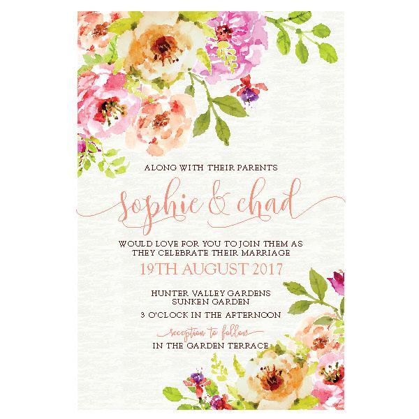 Watercolour wedding invitation design with floral wreath.