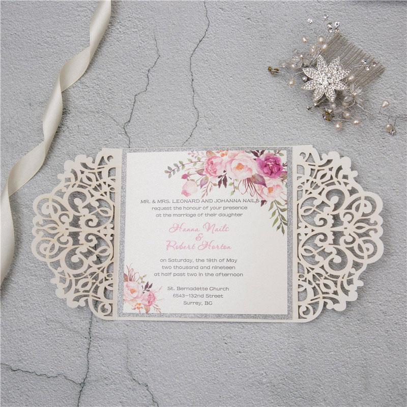 silver glitter gate fold laser cut wedding invitation